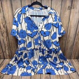 Wenrine Blue Floral Print Button Front Tiered Ruffle Shirt Dress Size M